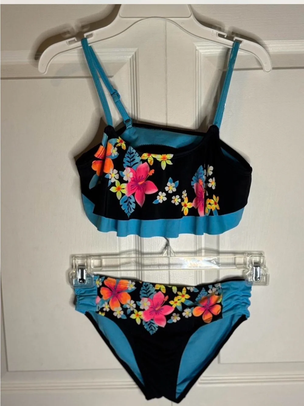 Justice Black Floral Two-Piece Bikini with Turquoise Trim